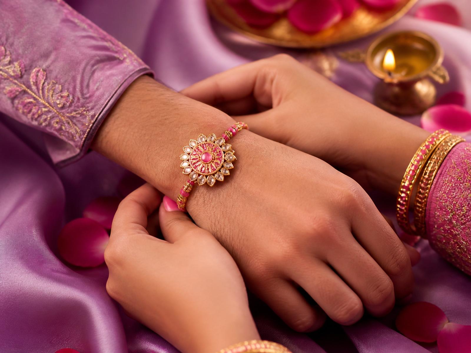 Sister with mehndi tying a designer rakhi on her brother's wrist