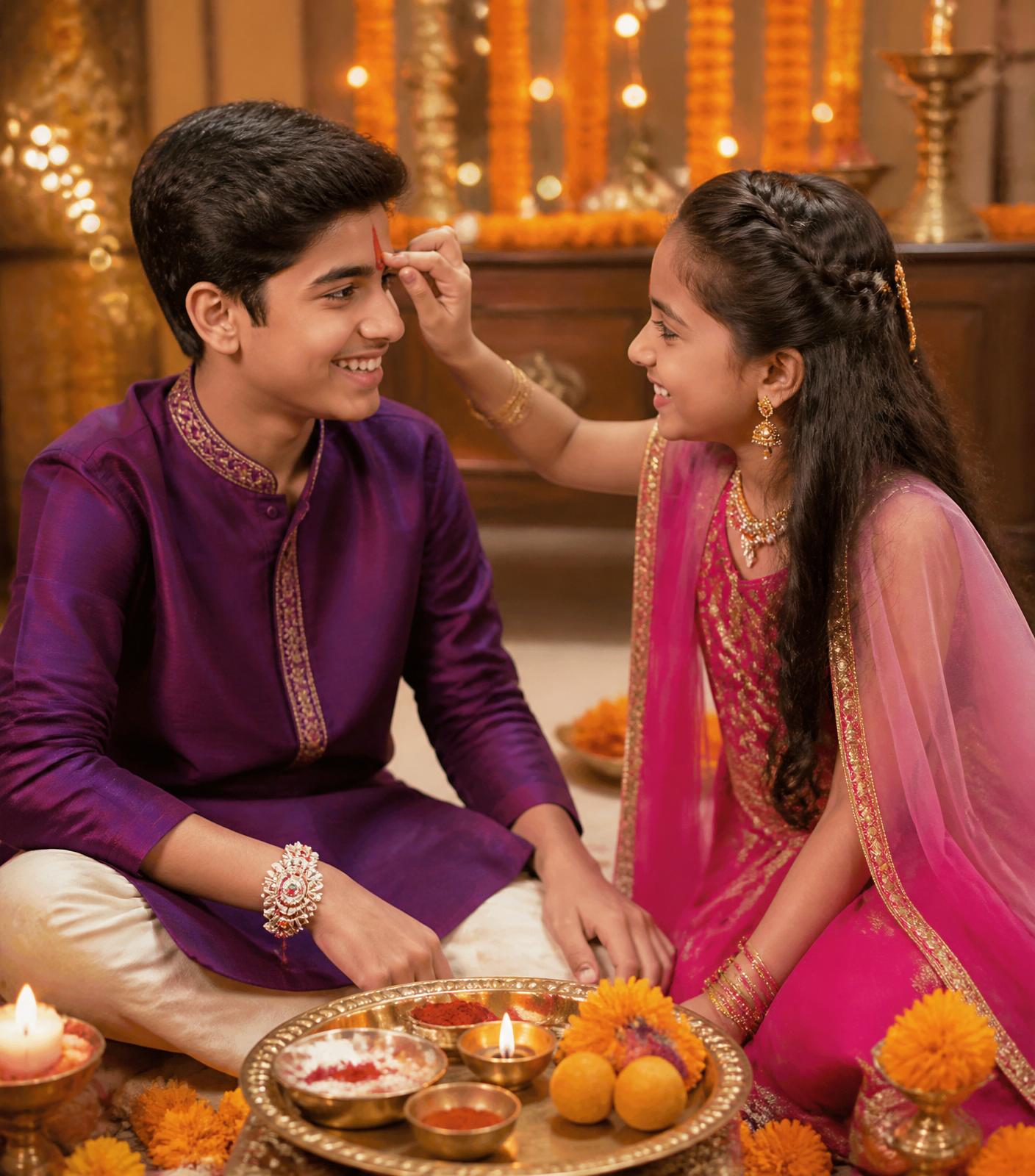 Young sister applying tilak on her brother's forehead
